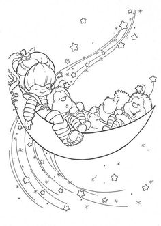 a drawing of a girl in a hammock with teddy bears on the moon