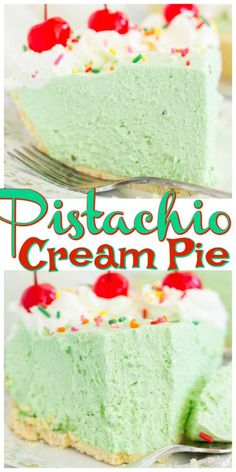 a slice of pistachio cream pie with cherries on top