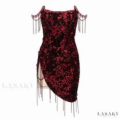 Lasaky - Luxurious Sequined Rhinestone Fringe Semi-Sheer Micro Short Sleeveless Corset Dress Stomach Cut Out Dress, Red Clubbing Dress, Red Rhinestone Outfit, Sequin Dress Aesthetic, Red Aesthetic Outfit, Red Mini Party Dress, Nice Red Dress, Rhinestone Dresses, Short Sequin Dress