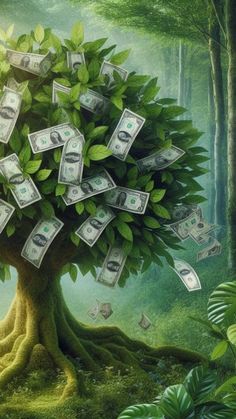 a money tree with lots of dollar bills growing out of it's trunk in the middle of a forest