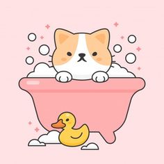 a cat sitting in a bathtub with bubbles and a rubber ducky floating around