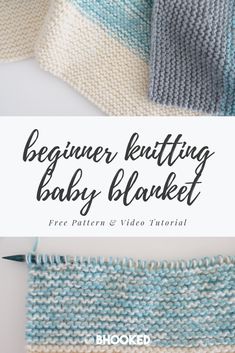 the beginner knitting baby blanket with text overlay