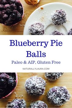 blueberry pie balls with powdered sugar and sprinkles are on a plate