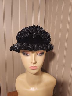 Very nice Vintage Black Raffia and Velvet Bow Bucket Hat 1960's Vintage Brimmed Top Hat For Costume, Vintage Short Brim Mini Hat For Costume, Vintage Short Brim Mini Hat For Costumes, Vintage Mini Hat With Short Brim For Costume, Vintage Short Brim Top Hat For Costume, Vintage Black Bucket Hat, Vintage Mini Hats With Curved Brim For Costume, Vintage Black Adjustable Top Hat, Vintage Black Top Hat For Costume