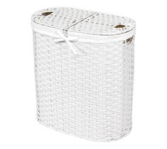 a white wicker laundry basket with lid and handles on an isolated white background for use as a storage container