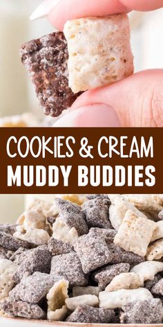 a hand holding a cookie and cream muddy buddies