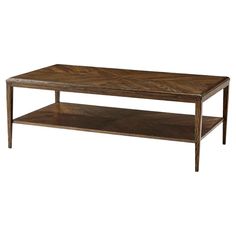 a wooden coffee table with two shelves on each side and one shelf below the top