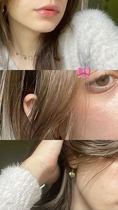 three pictures of a woman with long hair and a pink bow in her hair,