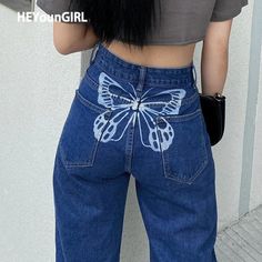 Custom Jeans Diy, Printed Denim Pants, Diy Pants, Bleached Jeans, Y2k Butterfly, S Letter, High Rise Denim Jeans, Jean Vintage