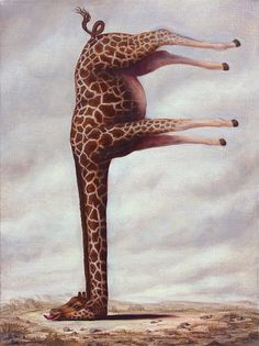 a painting of a giraffe standing on its hind legs