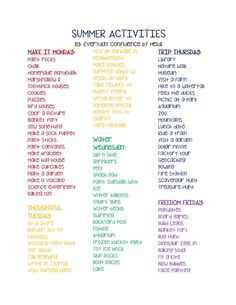 the summer activities list is shown in rainbows and black text on a white background