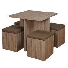 a wooden table with four stools and a square dining room table in the middle