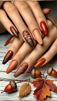 Mustard Ombre Nails, Fall Photoshoot Nails, Nails Ideas For Thanksgiving, Nail Design For Autumn, Matte Copper Nails, Fall Color Almond Shape Nails, Thanksgiving Matte Nails, Burnt Orange Brown Nails, Acorn Nails Designs