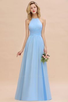 Chiffon A-line Wedding Gown, Blue Chiffon Dress For Prom Season, Blue Chiffon Gown With Sweep Train, Formal Blue Chiffon Bridesmaid Dress, Light Blue Bridesmaid Dress For Wedding, Blue Chiffon Bridesmaid Dress For Evening, Blue Floor-length Chiffon Dress For Prom, Blue Chiffon Bridesmaid Dress For Formal Occasions, Chiffon A-line Bridesmaid Dress For Prom Season