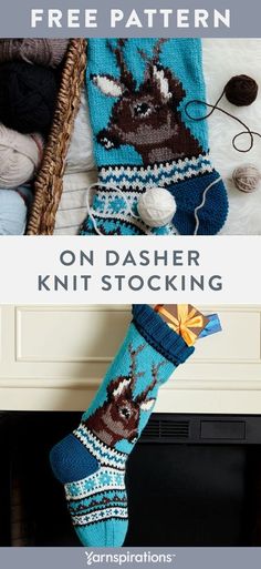 a knitted stocking hanging from a fireplace with text overlay that reads free pattern on dasher knitting