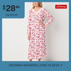 Get cozy and comfortable in this Adonna women's long-sleeve floral-print nightgown. Cut in a maxi-length style from soft stretch-jersey, this nightdress has a v-neckline with a lace trim and button-front closures.Features: Lace TrimClosure Type: Button, Pullover HeadNeckline: V NeckSleeve Length: Long SleeveApparel Length: 52 InchesFiber Content: 90% Polyester, 10% SpandexFabric Description: JerseyCare: Machine Wash, Tumble DryCountry of Origin: Imported Long Sleeve Floral Print Sleepwear For Sleepover, Floral Print Long Sleeve Nightgown For Loungewear, Long Sleeve Floral Print Nightgown For Sleepovers, Floral Print Long Sleeve Nightgown For Sleepovers, White Floral Print Long Sleeve Nightgown, Winter Loungewear Nightgown, Red Sleepwear For Overnight, Red Floral Print Sleepwear, Red Long Sleeve Nightgown For Home