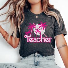 Get ready to fall in LOVE with your new palm tree teacher shirt. It's the cutest and most comfortable way to wear the latest styles & also makes a great teacher gift.  Looking for different colors or customization? Message us! :)  * PRODUCT DETAILS * ✺ 100% Cotton ✺ Medium weight fabric  ✺ Wash and dry normally (on cool for best results) ✺ Designed and printed in the USA ✺ Due to different monitor screens, colors may vary ✺ * SIZING * ✺ Sizing is unisex ✺ Size guide: Please consult size chart in Pink Cotton Top With Palm Tree Print, Casual Summer Tops For Teacher Appreciation, Preppy Teacher, Great Teacher Gifts, Teacher Teacher, Beach Shirt, Beach Shirts, School Teacher, Teacher Shirts