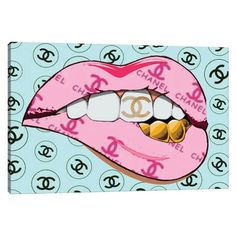 a painting of a pink lips with chanel logo on it's tongue and the word chanel spelled in gold