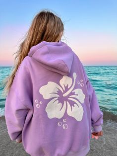 HIBISCUS FLOWER TOWEL EMBROIDER HOODIE - Sunkissedcoconut Purple Hibiscus, Flower Hoodie, Violet Purple, Hibiscus Flower, Hoodie Outfit, Embroidered Hoodie, Hibiscus Flowers, Drawstring Hoodie, Cute Fits