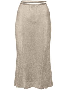 gold-tone ribbed knit semi-sheer construction lurex detailing cut-out detailing logo-charm waist strap high-waisted elasticated waistband flared hem mid-length A-line Midi Skirt Ribbed, Detailing Logo, Fantasy Gowns, Airport Fashion, Shades Of Gold, Waist Strap, Airport Style, Skirt Pants, Mid Length