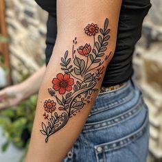 Wildflower Tattoo Flash Collection Bold Line Work Tattoo, Scandinavian Floral Tattoo, American Traditional Wildflower Tattoo, Woman’s Sleeve Tats, Tattoo Ideas Female American Traditional, American Style Flower Tattoo, Wildflower Calf Tattoo, Traditional Floral Shoulder Tattoo, Folk Floral Tattoo