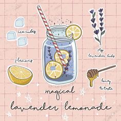 a jar filled with lemonade next to a spoon and some ice cubes on a pink background