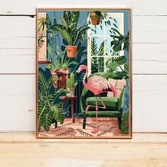 a pink flamingo sitting on top of a green chair next to a potted plant