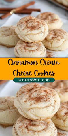 cinnamon cream cheese cookies stacked on top of each other with cinnamon sticks in the background