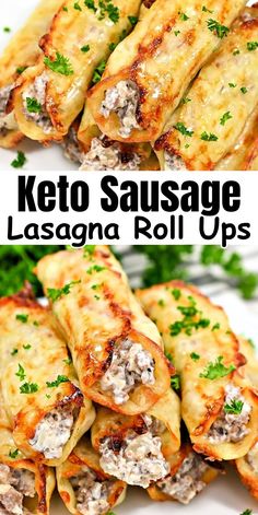 keto sausage lasagna roll ups on a white plate with parsley garnish