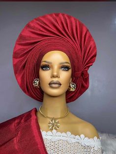 Autogele Asooke, African Headwrap Gele, Nigerian Headpiece, African Head Wrap For Women, Yoruba Wedding Bride Outfits NEED OTHER  STYLES AND COLOURS OF AFRICAN HEADWRAPS AUTOGELE, WEDDING HAND FANS, BRAIDED WIGS AND AFRICAN CORAL BRIDAL BEADS, VISIT OUR SHOP HERE: https://sereneafrica.etsy.com/  Features: *100% genuine Aso-Oke. *Easy to tie and maintain. *Comfortable on the head. *Comes in plain Aso-Oke or embellished. *Comes in other lovely colours. We also make complete bridal Aso Oke outfit. Red Wedding Headpieces, Elegant Fitted Turban For Wedding, Traditional Fitted Turban For Wedding, Elegant Red Ceremonial Headpieces, Elegant Gold Wedding Turban, Nigerian Headwrap, Traditional Yellow Headwrap For Wedding, Nigerian Gele Head Wraps, Gele Headband