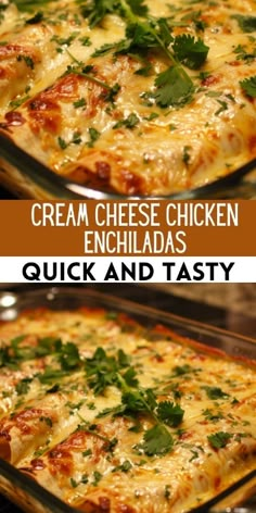 two pictures showing how to make cream cheese chicken enchiladas with quick and tasty