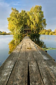 an old wooden dock with water and trees in the background