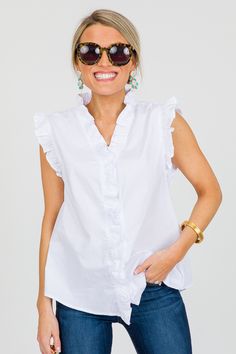 Frilled Button Up Top, White - New Arrivals - The Blue Door Boutique Blue Door, Summer Style Casual, No Frills, Boutique Clothing, Button Up, Cute Dresses, Summer Fashion, White, Dresses