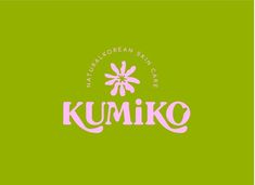 the logo for kumiko is shown in pink on a green background with white lettering