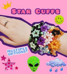 Add some fun flare to your outfits with these adorable kandi star cuffs! Each purchase is for one cuff (along with freebies <3)  Style 3 and 4 include glow in the dark beads! Expose the bracelets to light and when it gets dark the beads at the tips of the stars will glow. Fits 7 and a 1/2 inches and is 2 inches tall allowing for layering or adding to other bracelets. One size fits most!  (I'm willing to make larger ones if asked but please measure your wrist so I know how big it needs to be!) Kandi Star, Glow In The Dark Beads, Simple Cuff Bracelet, Bracelet Stuff, Kandi Inspo, Diy Kandi Bracelets, Diy Kandi, Kandi Ideas, Kandi Patterns