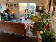 a living room filled with furniture and lots of plants on the floor in front of a flat screen tv