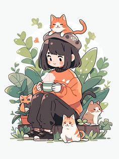 a woman sitting on top of a plant next to two cats and holding a cup