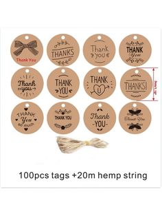 10 tags with thank and thank words on them, one tag has a tassel