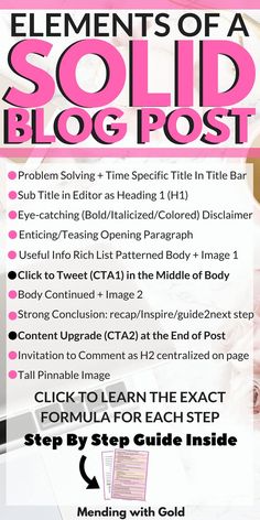 the elements of a solid blog post is shown in pink and black with text overlay