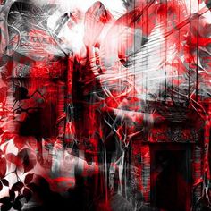 an abstract painting with red and black colors on the image is made up of multiple images