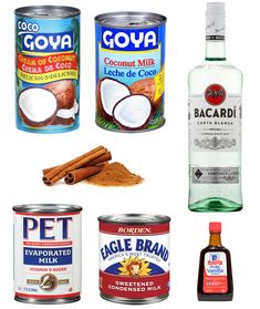 four different types of food and drinks are shown in this image, including coconut milk