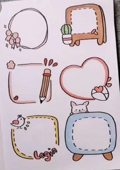 an open notebook with various doodles and pictures on the pages, including hearts, frames, pencils, etc