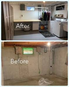 before and after photos of a basement remodel