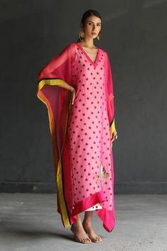 Shop for Rajiramniq Pink Silk Organza Kaftan for Women Online at Aza Fashions Latest Kaftan Styles, Organza Kaftan, Pink Kaftan, V Neck Kaftan, Kaftan Styles, Kaftan For Women, Organza Embroidery, Yellow Border, Kaftan Designs