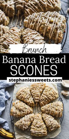 banana bread scones with icing on top and bananas in the background text reads, brunch banana bread scones