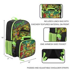 Your little TMNT fan can feel like a superstar when they carry around this officially licensed backpack and lunchbox combo set! The 16-inch backpack has been custom-designed with bright, colorful graphics of Donatello, Michelangelo, Leonardo, and Rafael. A front zippered pocket keeps smaller objects within easy reach, while the mesh side water bottle pockets help your little one stay hydrated throughout the day. Meanwhile, the insulated lunchbox boasts additional turtle graphics, and features a Back To School Lunch Bag Backpack For Outdoor Activities, Back To School Rectangular Lunch Box For Outdoor Activities, Rectangular Lunch Box For Back To School, Green Lunch Bag For School, Portable Lunch Bag For Back To School, Colorful Graphics, Plush Backpack, Insulated Lunch Box, Boys Accessories