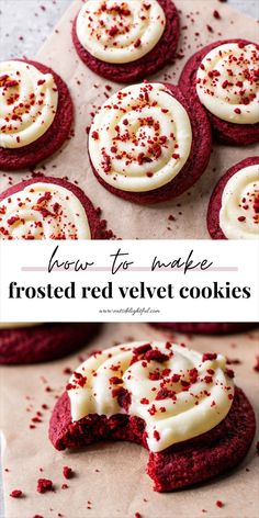 red velvet cookies with white frosting and sprinkles