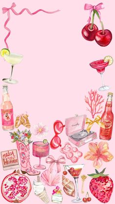 a pink background with many different items on the bottom and one is filled with drinks