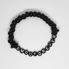 Black beaded 'Emo Forever' Bracelet. Scene Music, Emo Gifts, Diy Kandi Bracelets, Diy Kandi, Cute Friendship Bracelets, Kandi Bracelets, Kids Bracelets, Emo Scene, Diy Crafts Jewelry