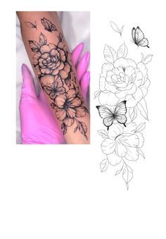 a woman's arm with flowers and butterflies on it, next to an image of the